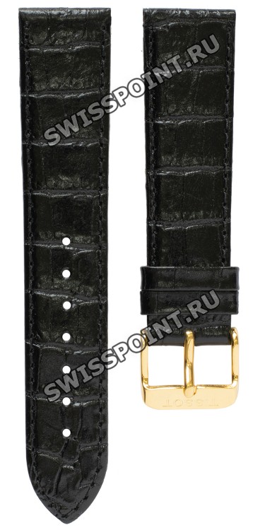 Черный кожаный ремешок Tissot T600013485, имитация крокодила, 20/18, белая прострочка, жёлтая пряжка, для часов Tissot Carson T907.410