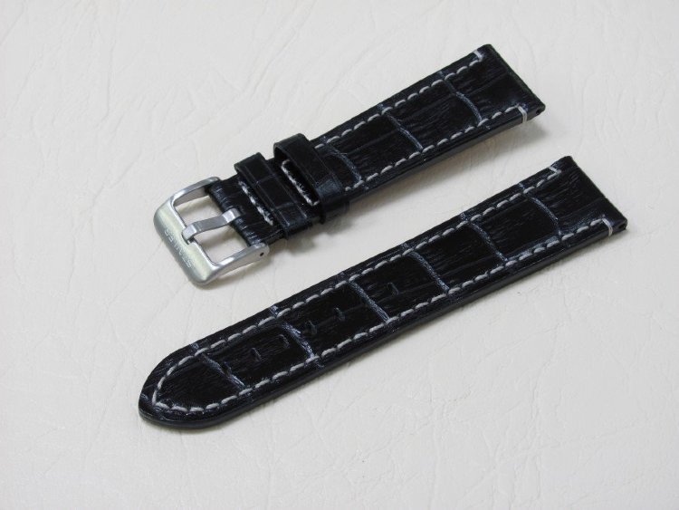 Черный кожаный ремешок из кожи теленка STAILER ORIGINAL 517V-2211 размер (22/20 мм), длина L (120 / 80 мм) с тиснением под кожу крокодила