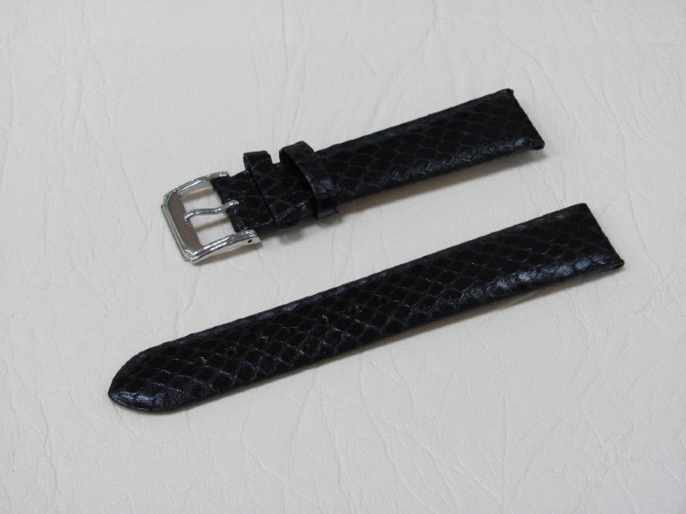 Черный кожаный ремешок из кожи теленка STAILER ORIGINAL 5281-1801 размер (18/16 мм), длина M (105 / 70 мм) с тиснением под кожу змеи